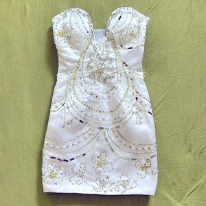 Mini white Dress , with silver, clear and pearl decor